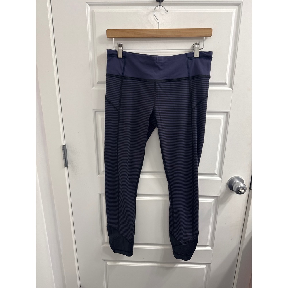 3/$30 Lululemon Striped Mesh Panel Leggings Navy Blue Black Zipper Pocket Womens